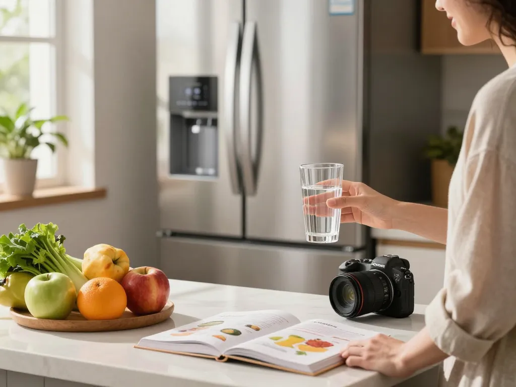 Person examining Waterdrop Plus WDP-F13 Reduce Lead&PFAS water filter in bright kitchen with fresh ingredients.