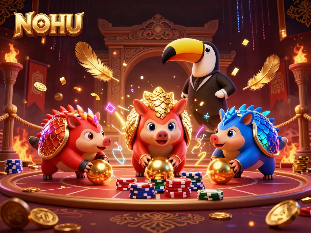 NOHU pangolins bowling through poker chips in an electrifying 3D casino scene.