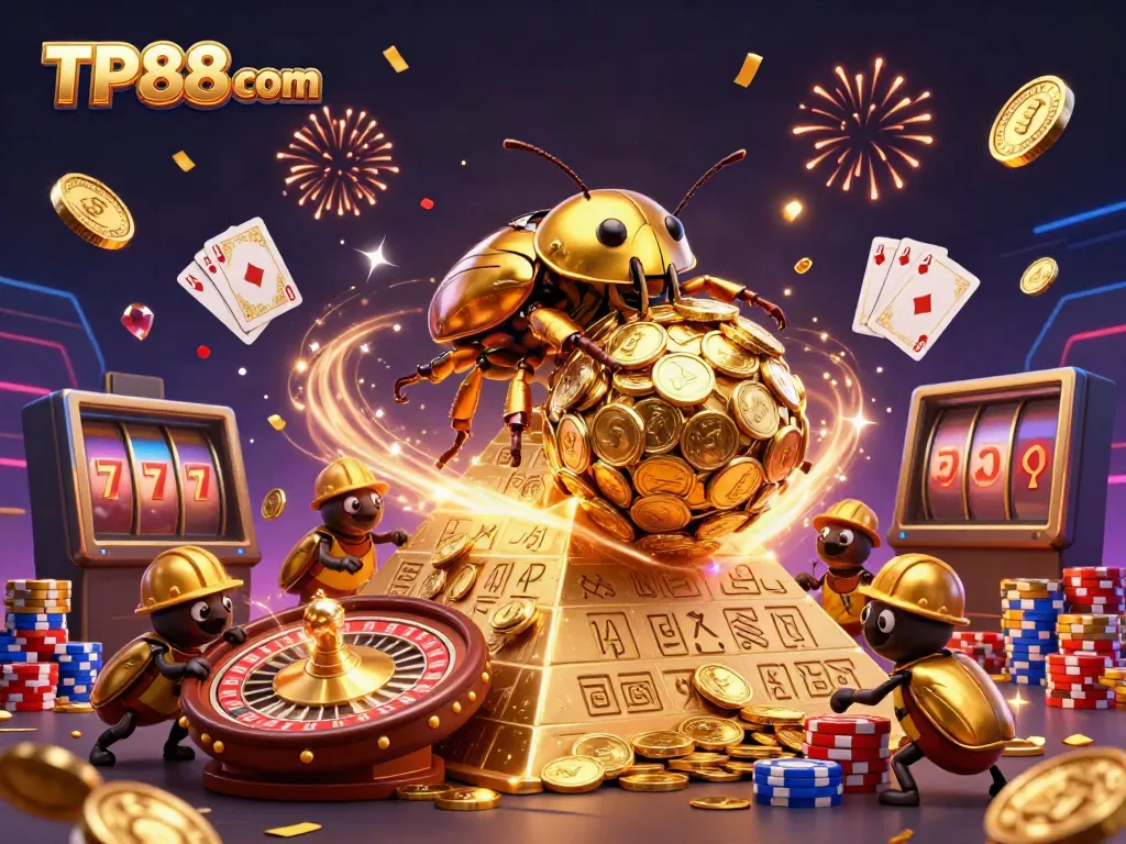Experience TP88 com as a golden dung beetle rolls in a vibrant casino world with rich rewards