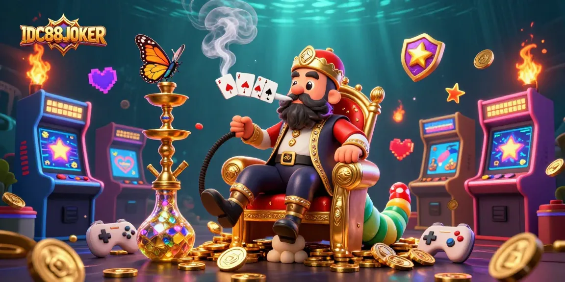 Experience excitement with ID88JOKER's vibrant casino illustration showcasing gaming elements and unique characters.
