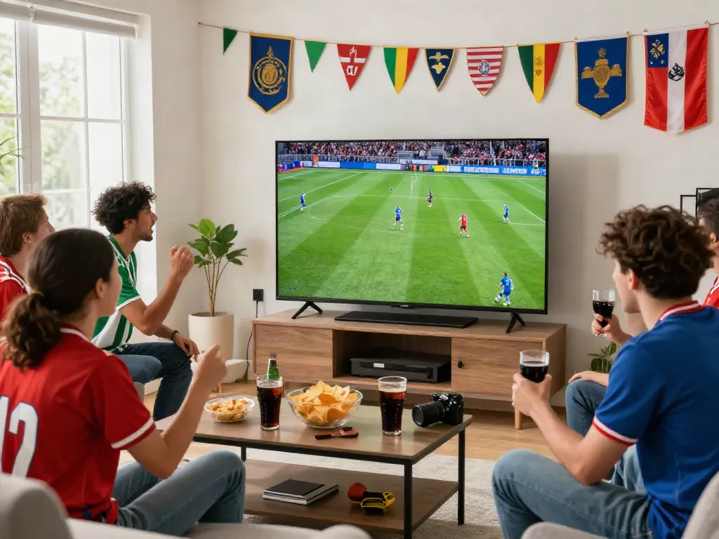 Fans enjoying a live match at https://cakhiatvvn.jpn.com/ in a vibrant living room, showcasing excitement and team spirit.