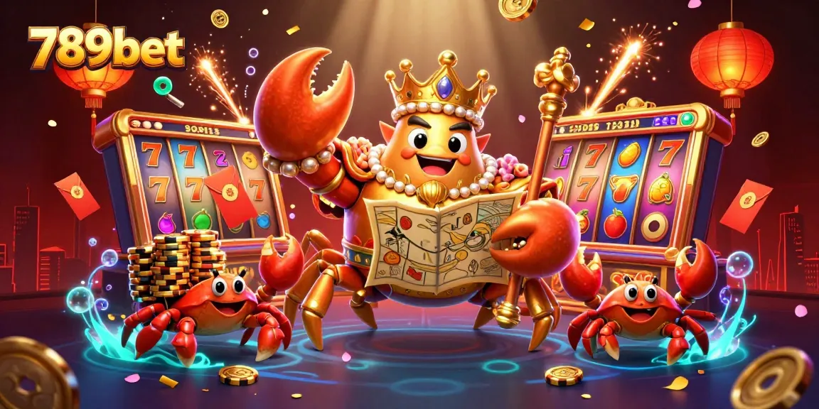 Engage with high-stakes gaming at 789bet, featuring a vibrant 3D casino scene with a golden crab emperor and slot reels.