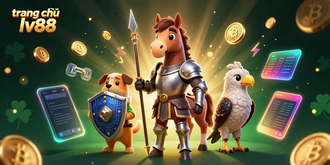 Experience the excitement of trang chủ lv88 in this vibrant casino-themed illustration featuring characters and crypto elements.