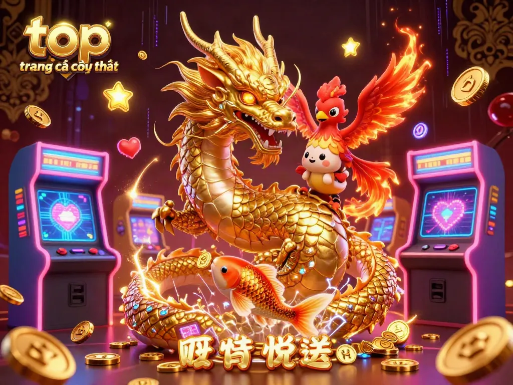 Khám phá top trang cá cược uy tín với hình ảnh của rồng vàng và phượng hoàng đỏ trong sòng bạc 3D.
