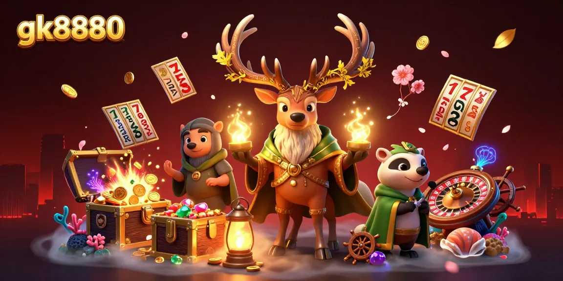 gk8880 casino scene with a druid stag and badger alongside golden treasures and glowing elements