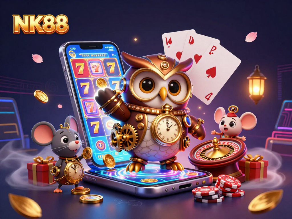 Experience the vibrant thrill of NK88 with a time-traveling owl and dynamic casino elements.
