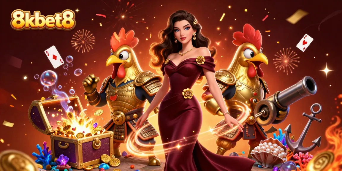 Join the excitement at 8kbet8 with a glamorous casino illustration bursting with gold!