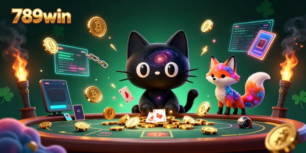 Engage with thrilling games at 789win's cosmic casino, where playful characters and vibrant cryptocurrency elements merge.