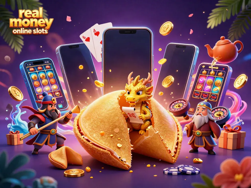 Experience real money online slots with dynamic characters and casino elements in a vibrant 3D scene.