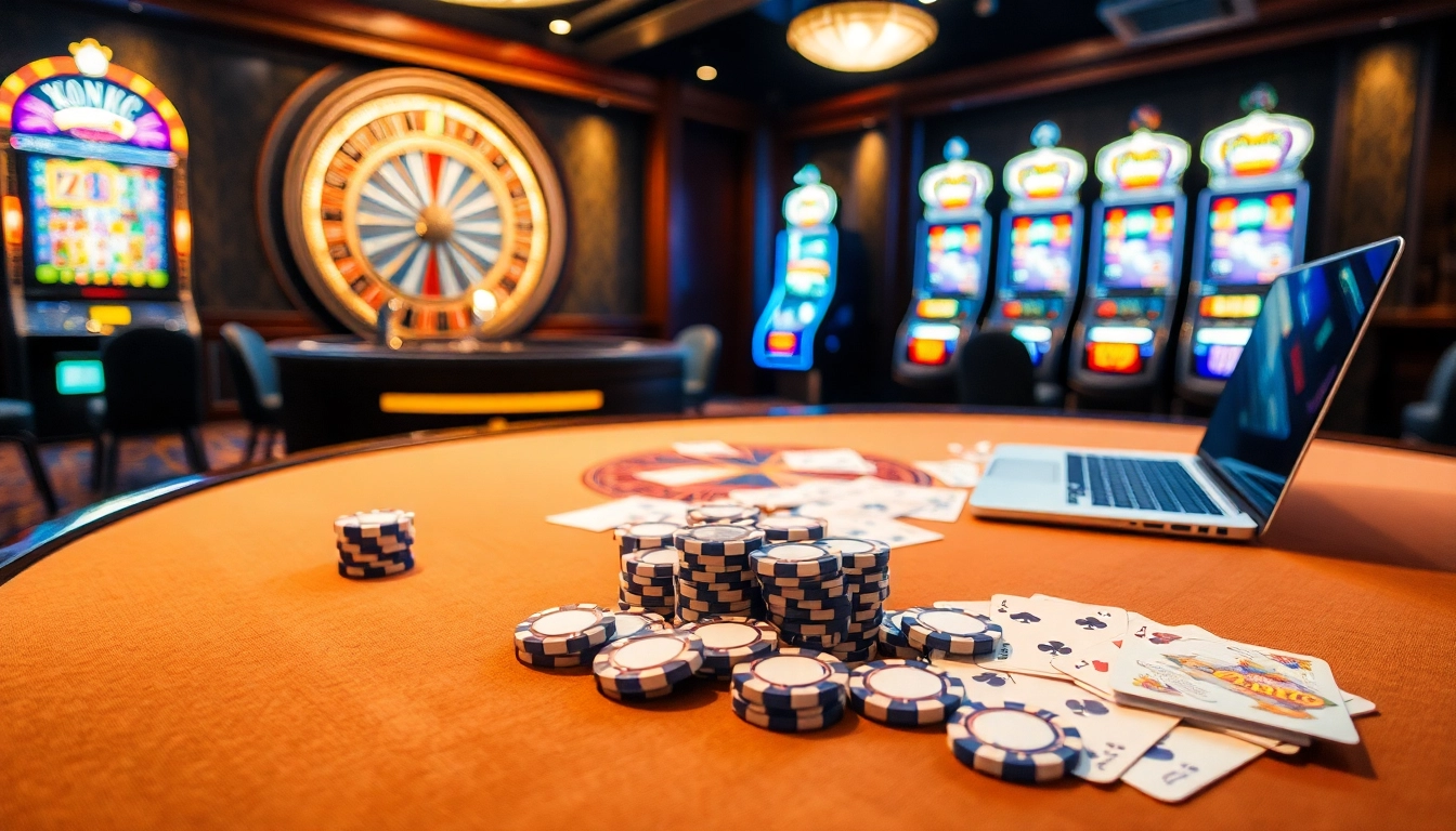 Xoilac casino scene with vibrant gaming table, poker chips, and online gambling elements.