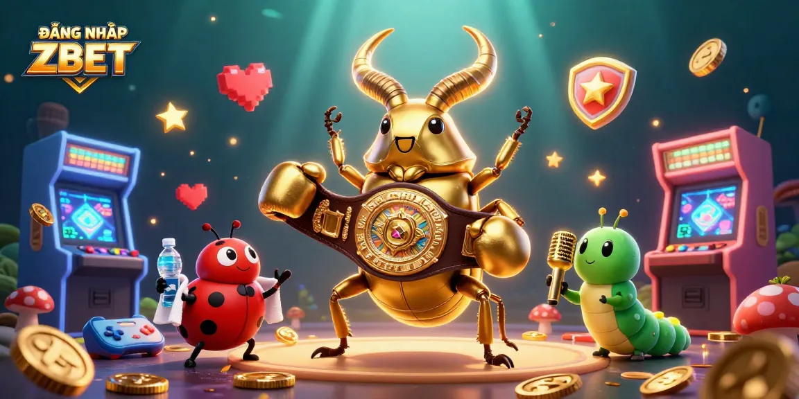 Engaging 3D illustration with ĐĂNG NHẬP ZBET showcasing a giant stag beetle in a boxing belt, surrounded by game elements.