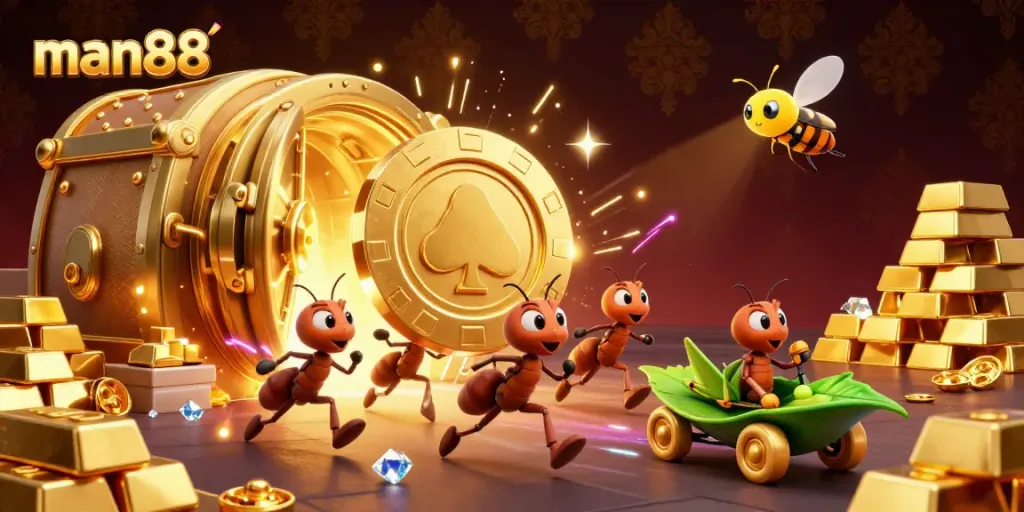 Experience thrilling gameplay with man88 as ants navigate a heist for golden poker chips amidst sparkling treasures.