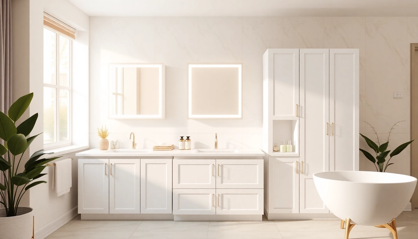 Explore illuminated bathroom cabinets beautifully highlighted in a modern bathroom setup.