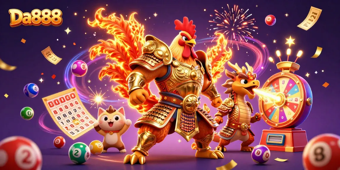 Engage with Da888's vibrant lottery scene featuring bold characters and dynamic gaming elements.