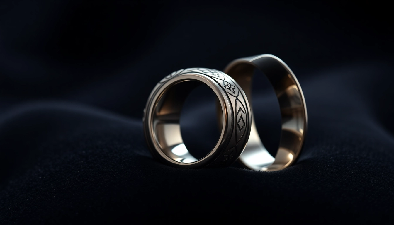 A pair of beautifully crafted Tungsten rings showcasing intricate designs on a dark velvet backdrop.