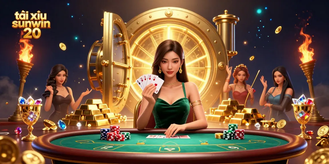 Engage with tài xỉu sunwin 20 as a beautiful Asian woman plays cards at a luxury casino table.