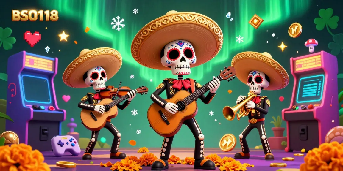 Engage in games at BSO118 with a vibrant 3D mariachi scene showcasing casino elements and arcade machines.