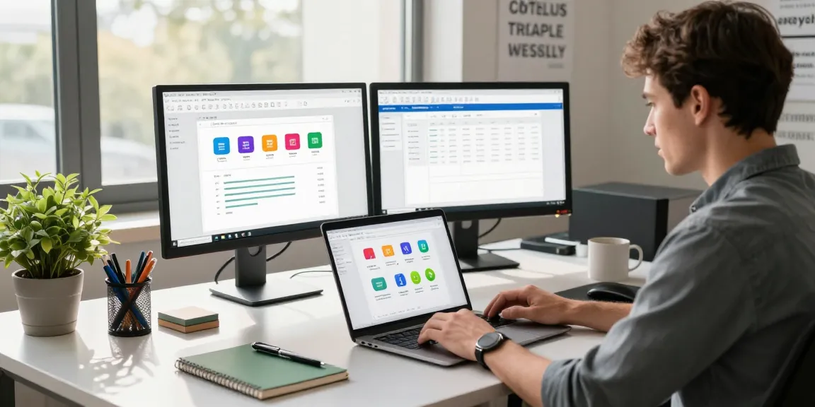 Download WPS Office in a modern workspace with dual monitors and a focused individual working on productivity tools.