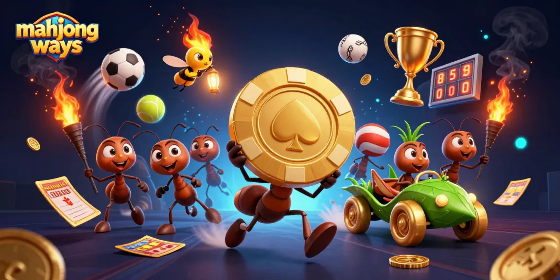 Engage with mahjong ways as ant characters steal a giant poker chip amidst dynamic casino graphics.