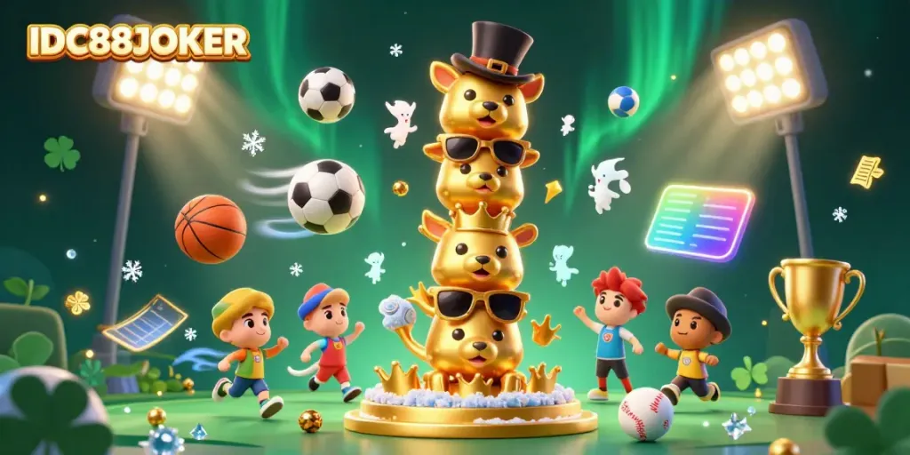 Engage in thrilling gameplay with IDC88JOKER's dynamic elements, featuring a golden totem and sports items.