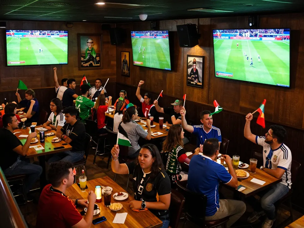 Fans cheering for their teams during worldcup2026 at a lively sports bar, surrounded by screens showcasing live matches