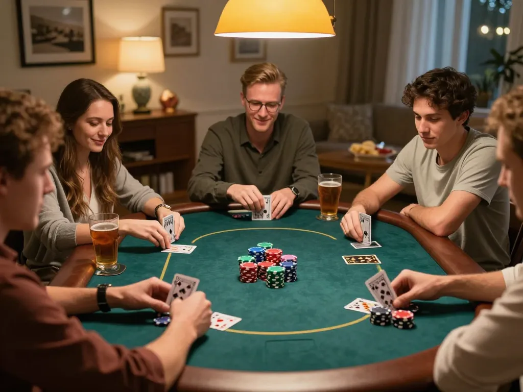 U888 poker night at home with friends intensely focused on game strategy, poker chips and cards visible.