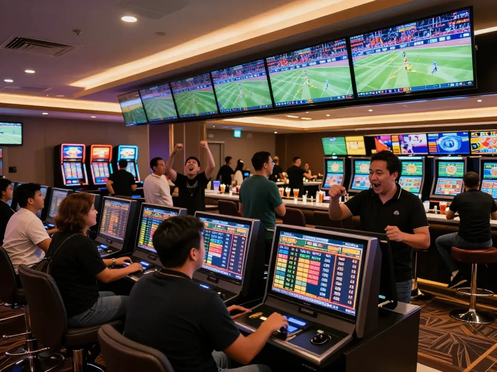 Excited sports bettors analyzing odds on screens at 78win com, showcasing vibrant betting lounge atmosphere.