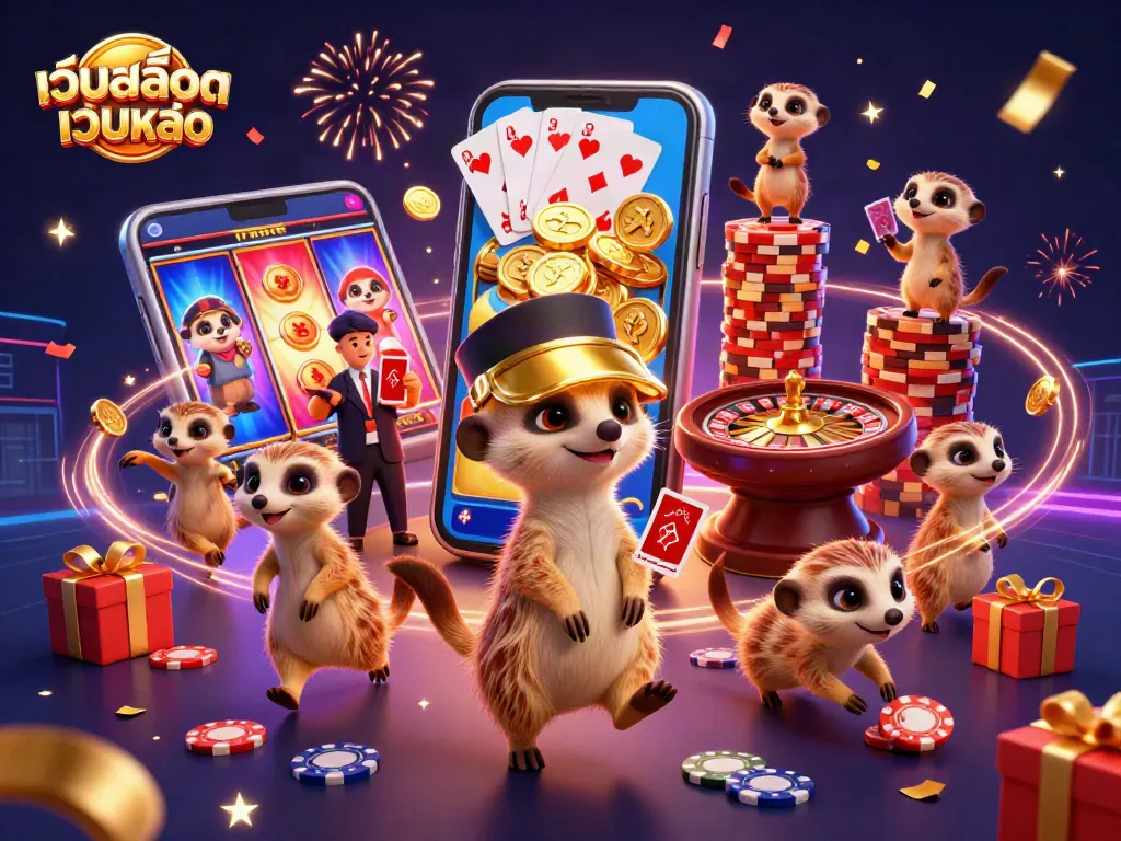 ภาพการ์ตูนคาสิโนที่มี meerkats กำลังทำงานในเว็บสล็อตเว็บตรง พร้อมการ์ดและสล็อตเกม