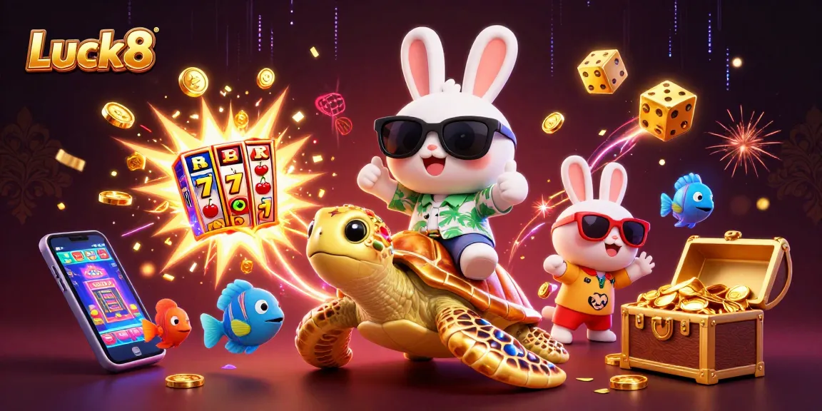 Luck8 animation showcases a whimsical rabbit and turtle in a vibrant casino scene with slot machines.