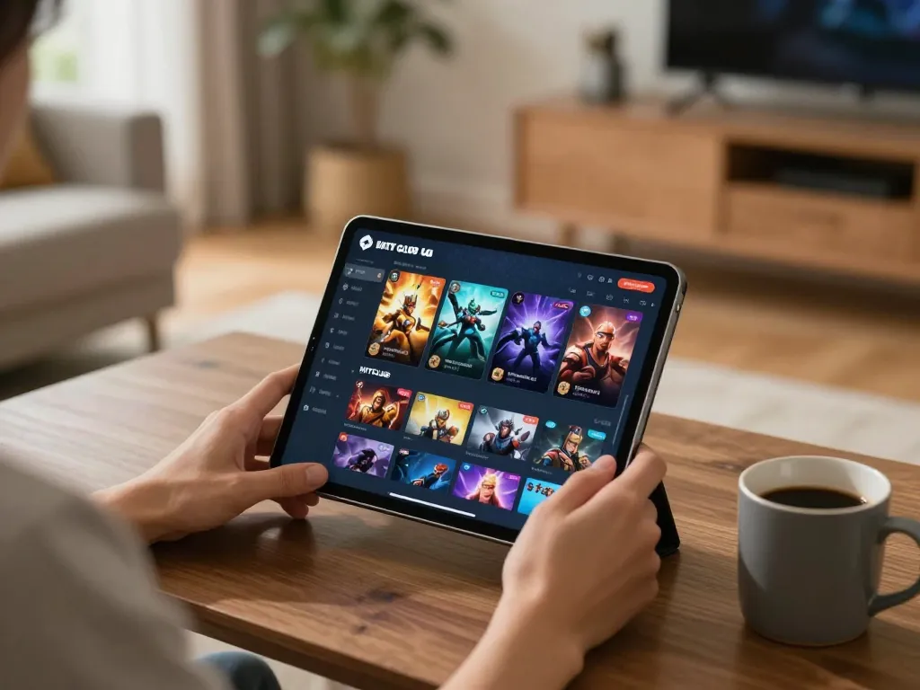 Playing cổng game HITCLUB on a tablet in a cozy living room for an engaging gambling experience