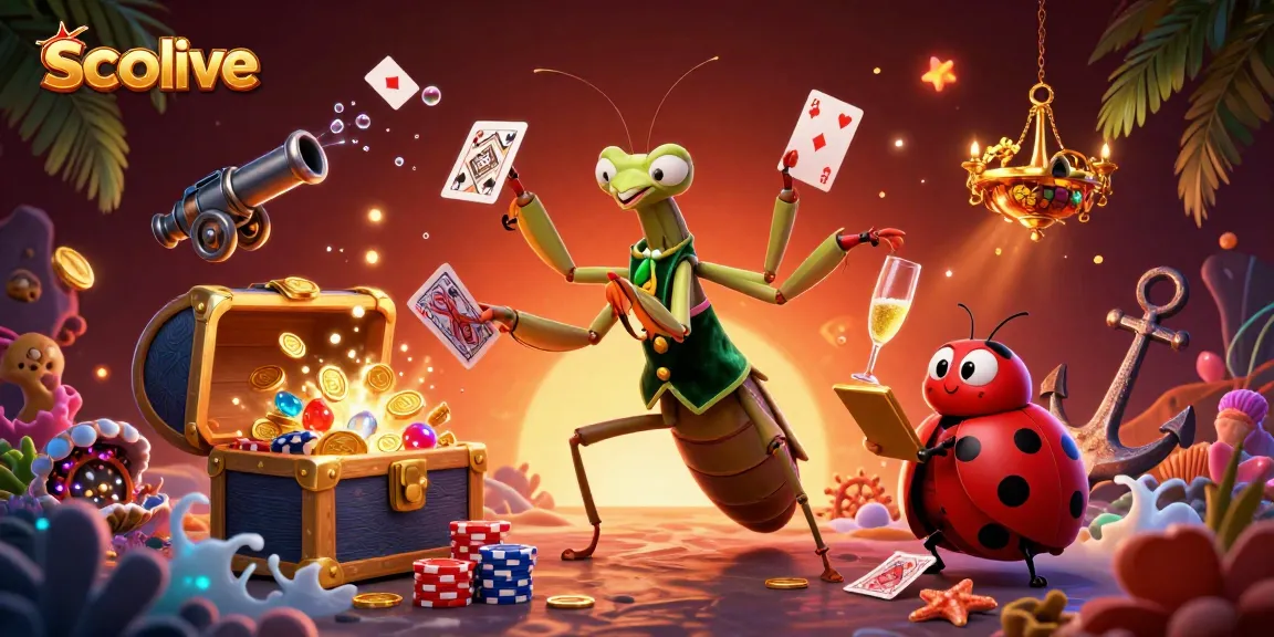 Socolive showcases vibrant gambling dynamism with a giant mantis card sharp, ladybug pit boss, and gold-filled treasures.