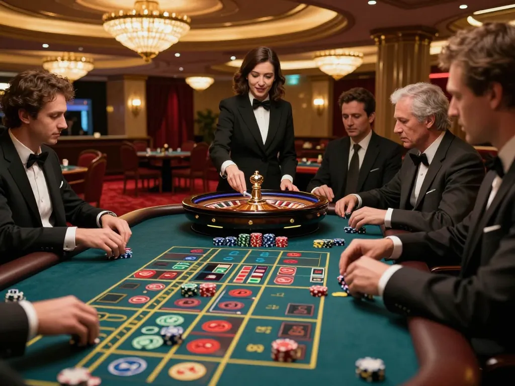 Players engaging in a thrilling SLOT777 roulette game, vibrant chips and wheel spinning captured in an elegant casino.