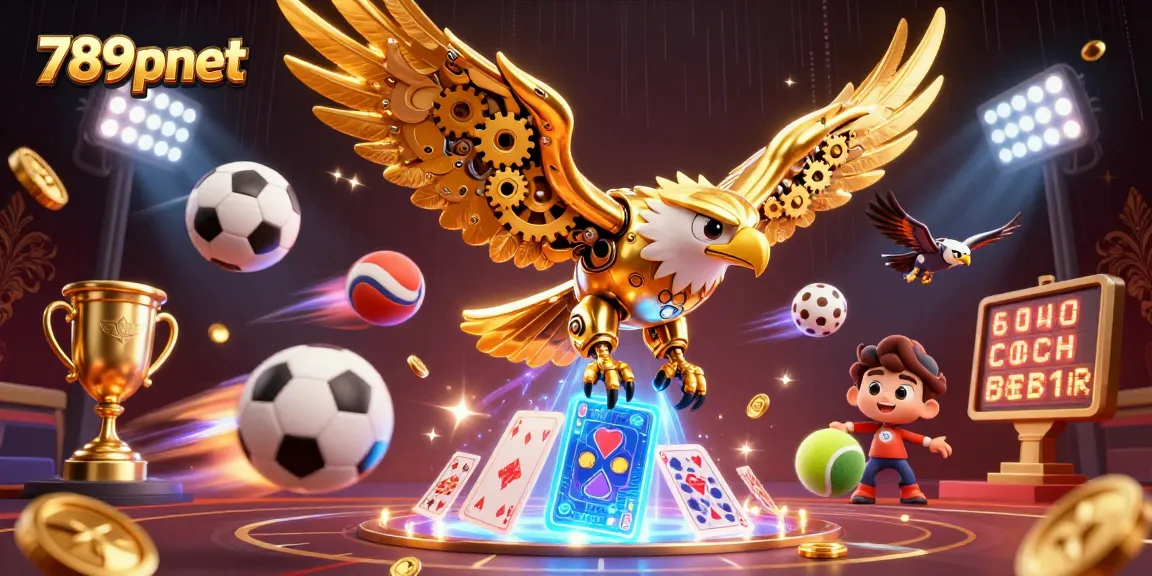 Engage with gaming excitement at 789pnet as the golden eagle dives through holographic cards.