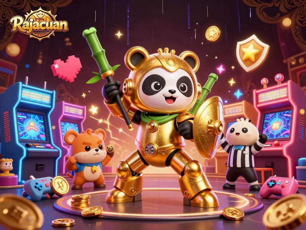 Rajacuan showcases a vibrant casino scene with golden panda in mech suit and interactive game elements.