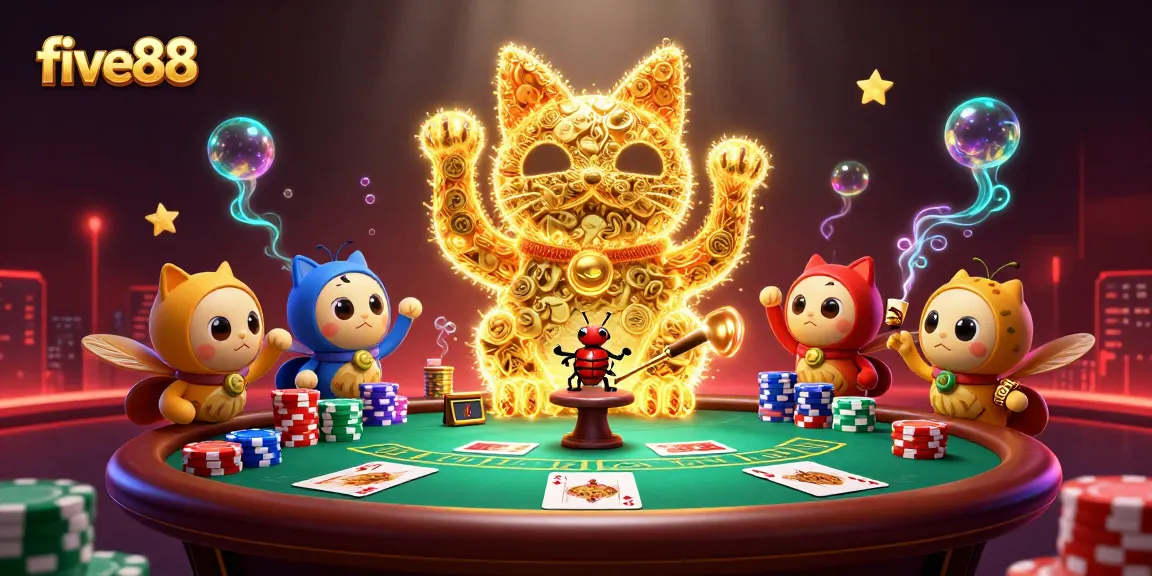 five88 showcases a vibrant 3D scene with lucky cat fireflies and poker elements enhancing gaming excitement.