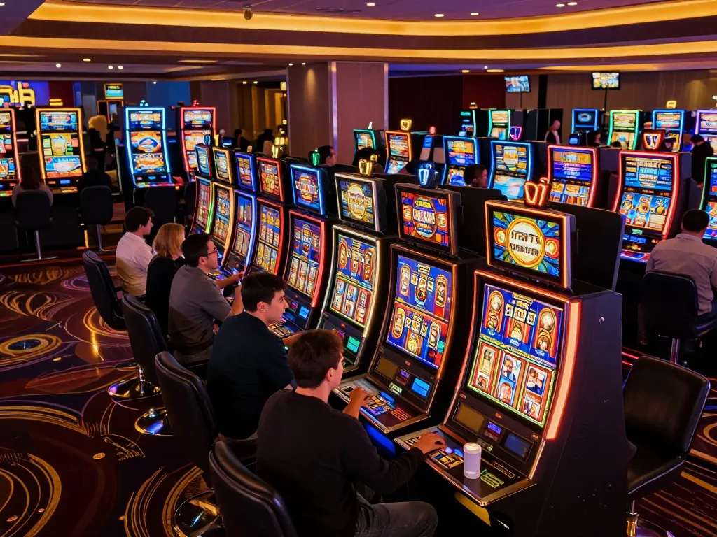 Pemain merayakan kemenangan besar di slot paris di antara cahaya kasino yang bersinar
