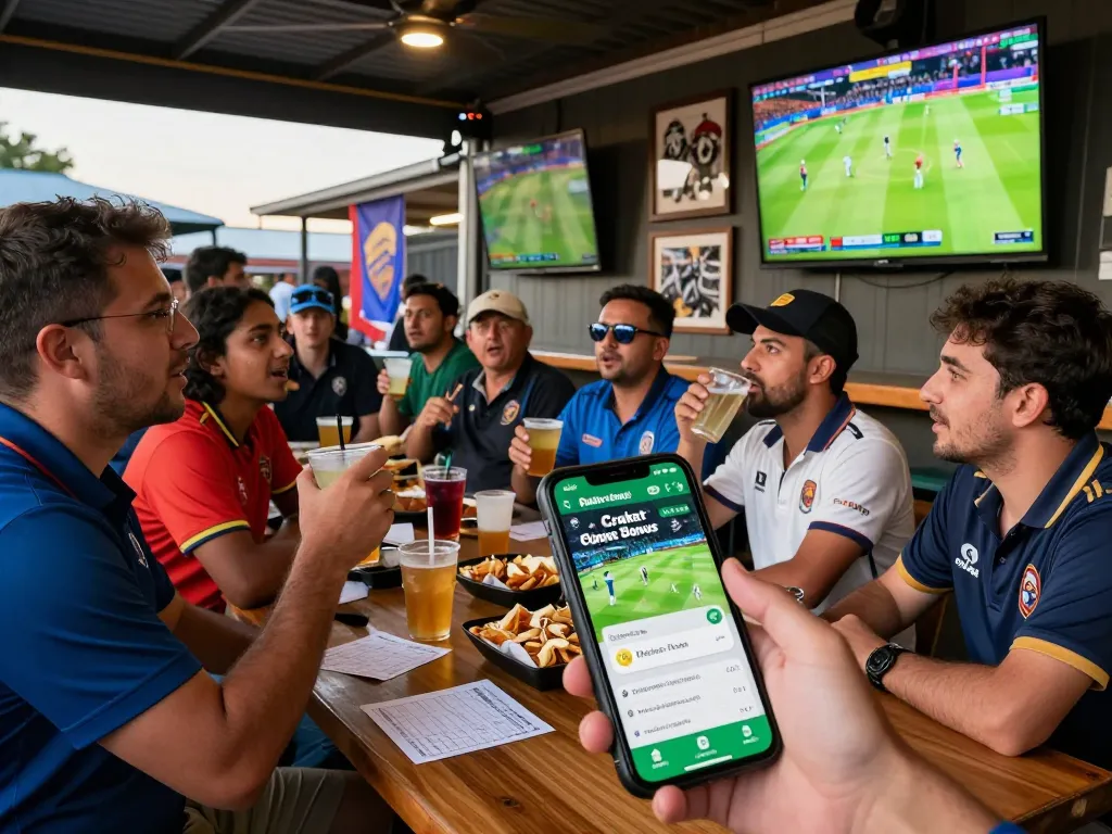 Fans enjoying live cricket at a sports bar with cricket bonus site promotions displayed on smartphones.