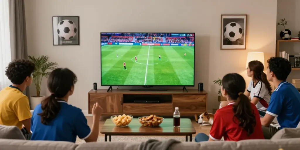 Football fans enjoying a match through https://xoilactvx.me/ in a vibrant living room with Full HD visuals.