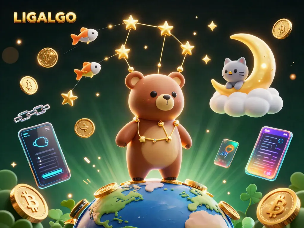 LIGALGO constellation bear scoops coins in a vibrant, magical casino world.