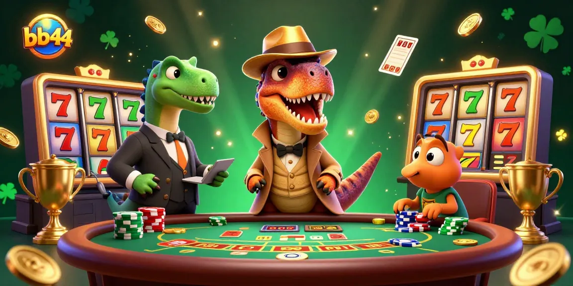 bb44 showcases a 3D velociraptor card counter at a blackjack table amidst vibrant casino elements.