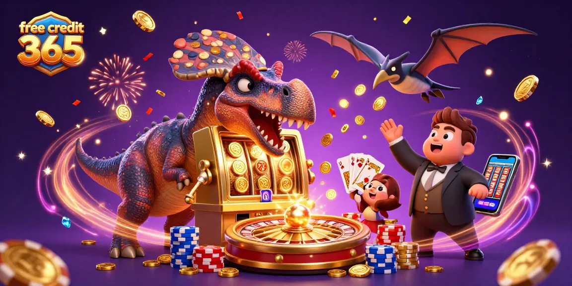 Winning spins at the casino with free credit 365, featuring playful dinosaurs and vibrant slot machines.