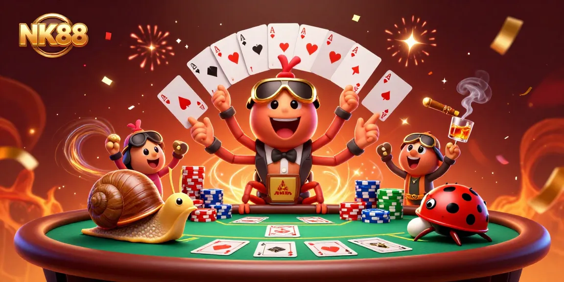 Experience the excitement of NK88 with a dynamic casino scene featuring vibrant characters and gameplay.