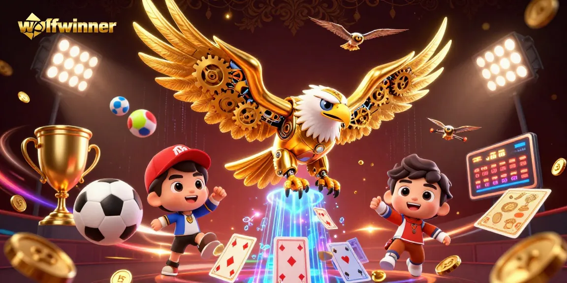 wolfwinner showcases an energetic scene with a cybernetic eagle diving amidst vibrant holographic cards and sports elements