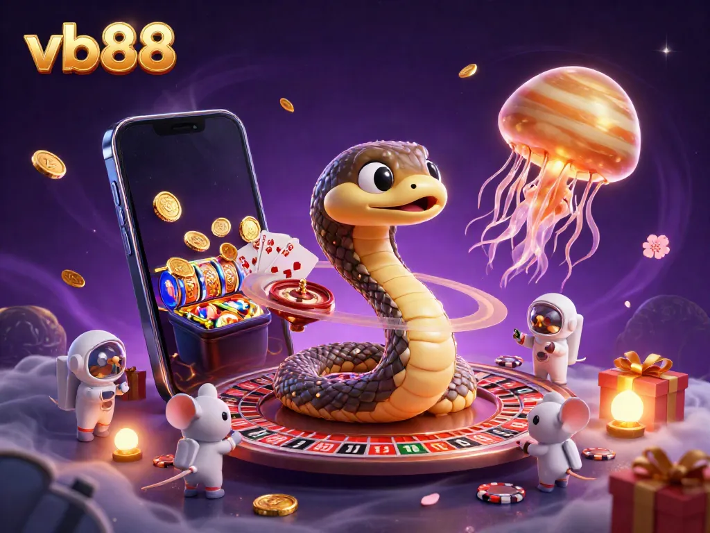 Experience thrilling gameplay with vb88's cosmic casino elements featuring a snake roulette wheel and adorable astronaut mice.