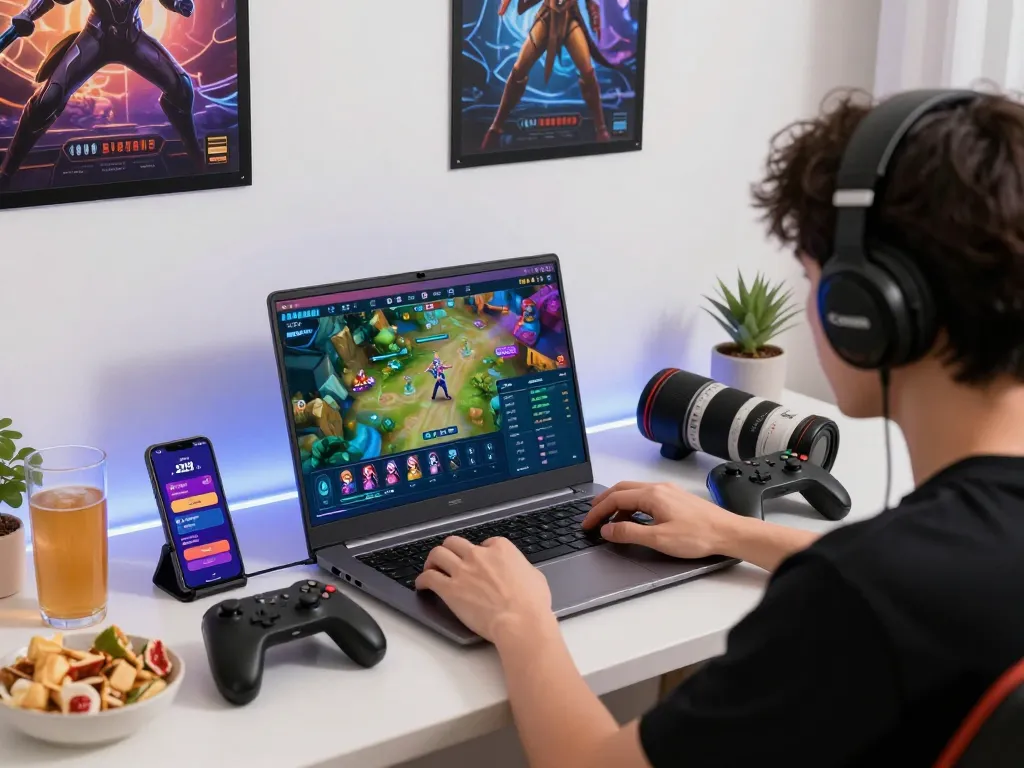 A user interacting with Trang chủ SC88 on a laptop in a cozy gaming space, showcasing vibrant graphics and gaming accessories.