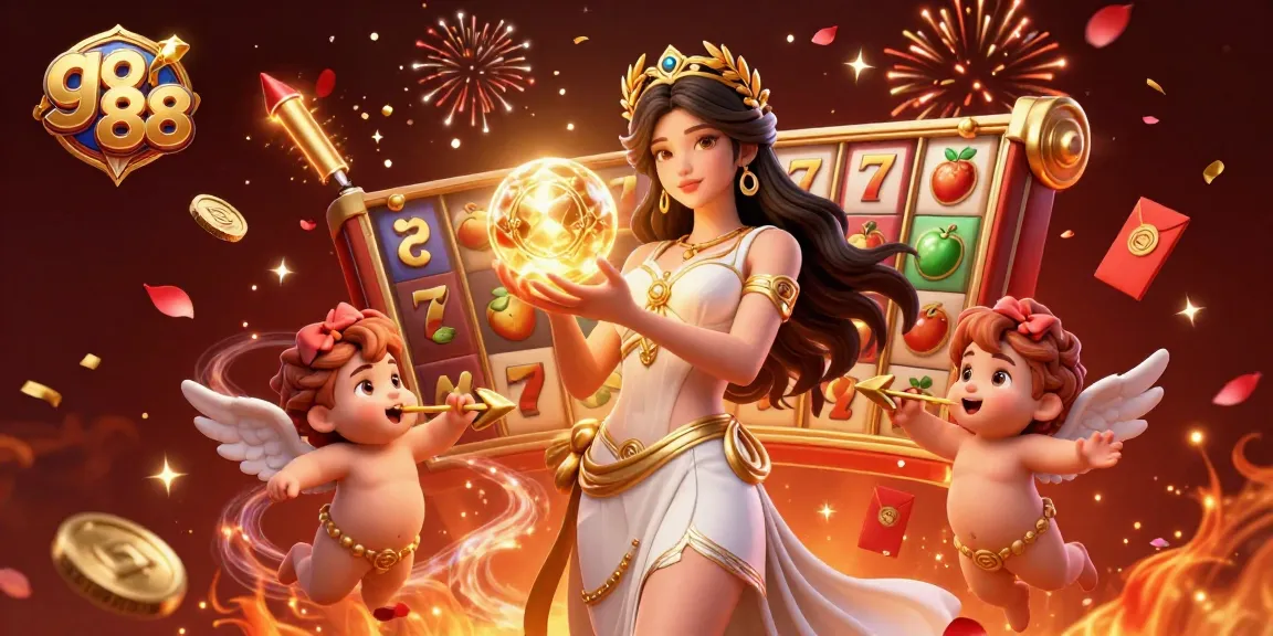Engage with go 88 in a vibrant casino scene featuring a goddess, Cupid cherubs, and festive slot symbols.