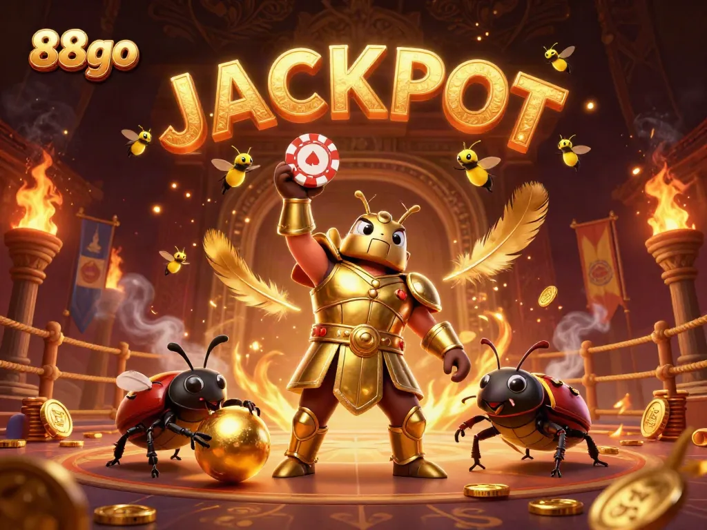 Engage with the dynamic 88go illustration showcasing a gladiator beetle triumphantly lifting a poker chip amidst a vibrant casino arena.