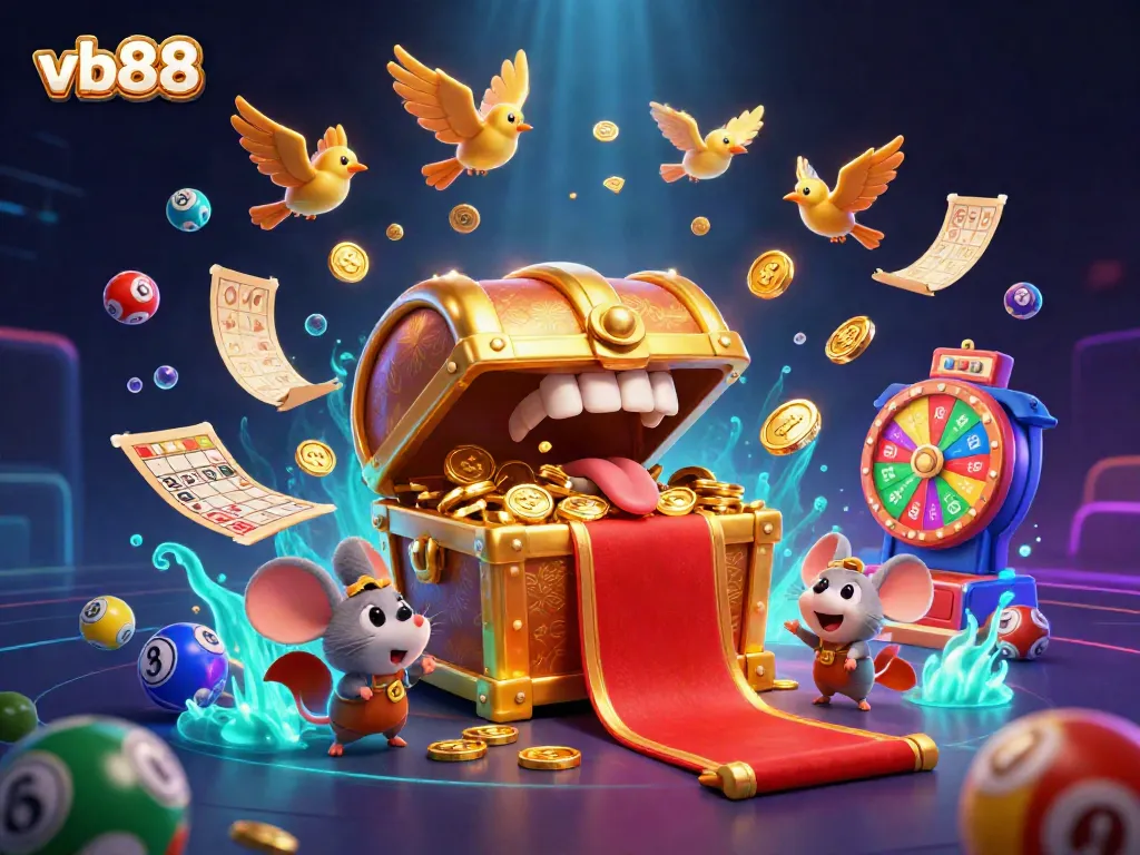 Win big with vb88: colorful lottery balls, golden treasures, and a stunning casino adventure await.