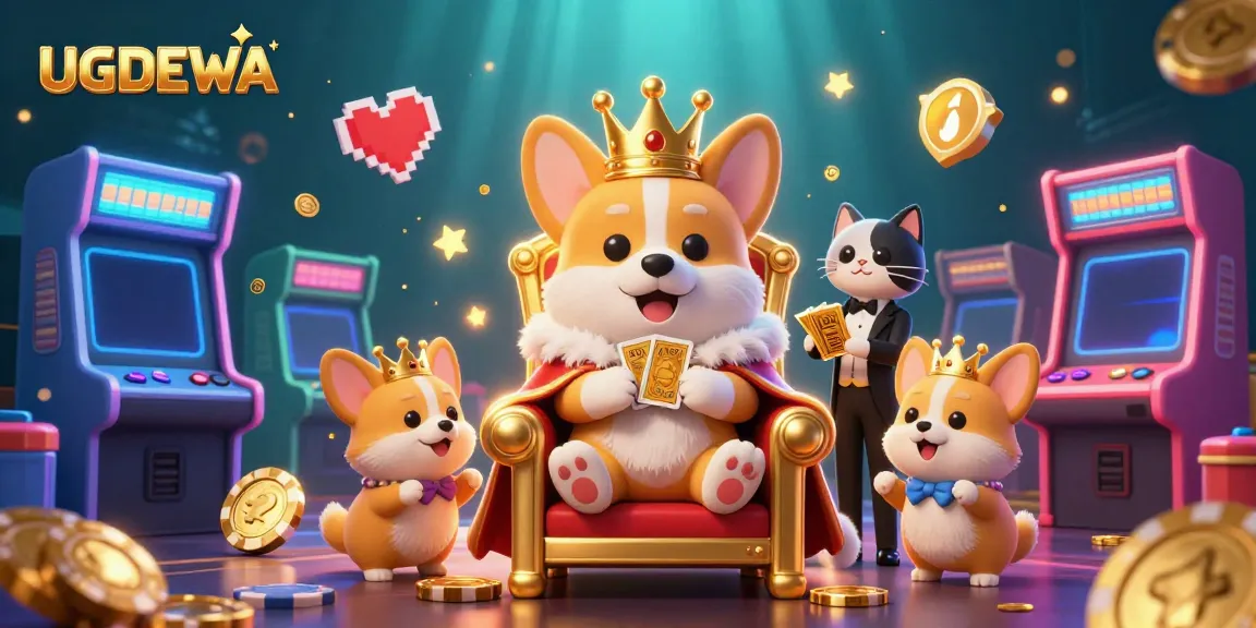 Experience UGDEWA's thrilling gaming adventure with royal corgis and dazzling casino elements in this vibrant illustration.