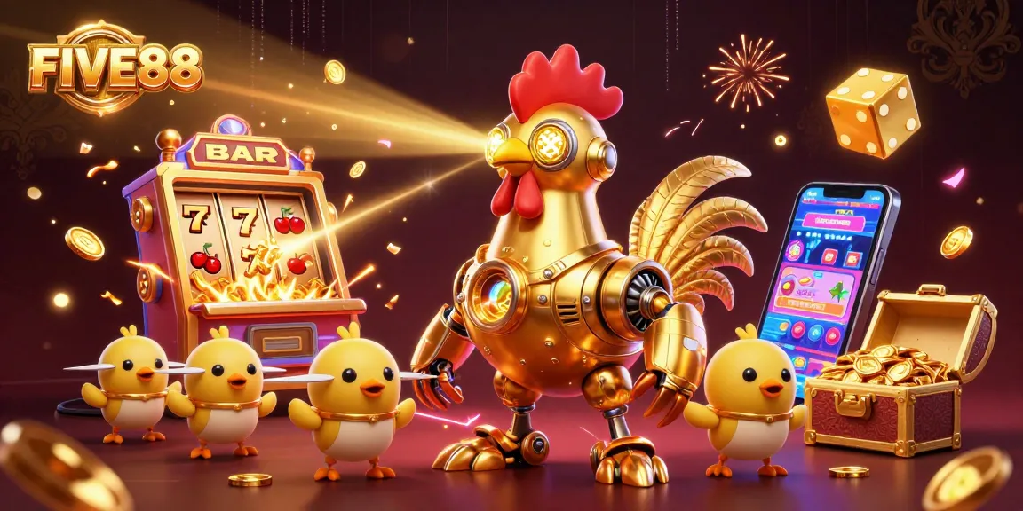 Experience dynamic gaming at FIVE88 with a vibrant 3D casino illustration showcasing a golden rooster robot and slot machine action.